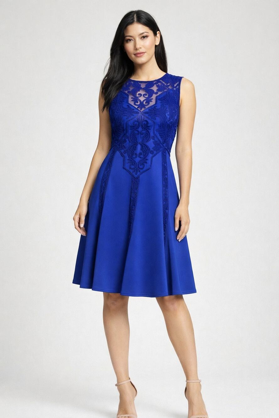 Tadashi Shoji Embroidered Neoprene Fit & Flare Cocktail Dress Blue Women Size 10